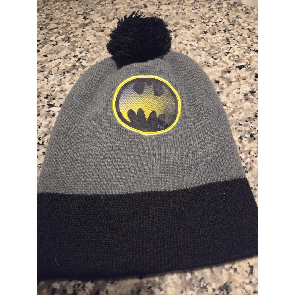 Batman Beanie Hat Boys One Size Gray Black Pom Pom Superhero Knit Cap